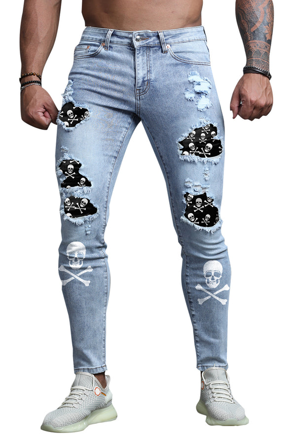 Men's Skull Print Patchwork Distressed Skinny High Waist Jeans