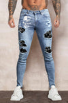 Men's Skull Print Patchwork Distressed Skinny High Waist Jeans