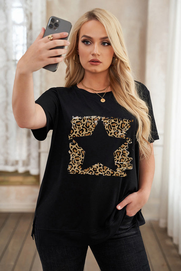 Leopard Lightning Print Crewneck Plus Size T-shirt