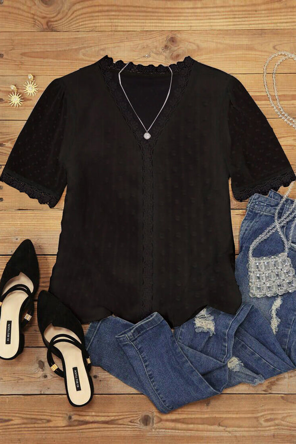 V Neck Lace Crochet Swiss Dot Short Sleeve Blouse