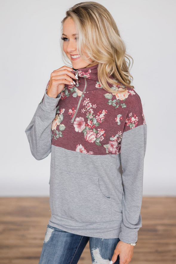 Floral Splice Pink Kangaroo Pocket Zip Collar Sweatshirt