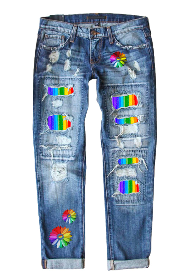 Tropical Tree Print Patchwork Distressed Jeans