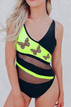 Colorblock Mesh Backless One-piece Swimwear