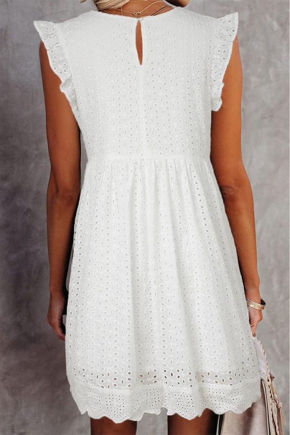V Neck Ruffled Sleeves Perforating Babydoll Dress