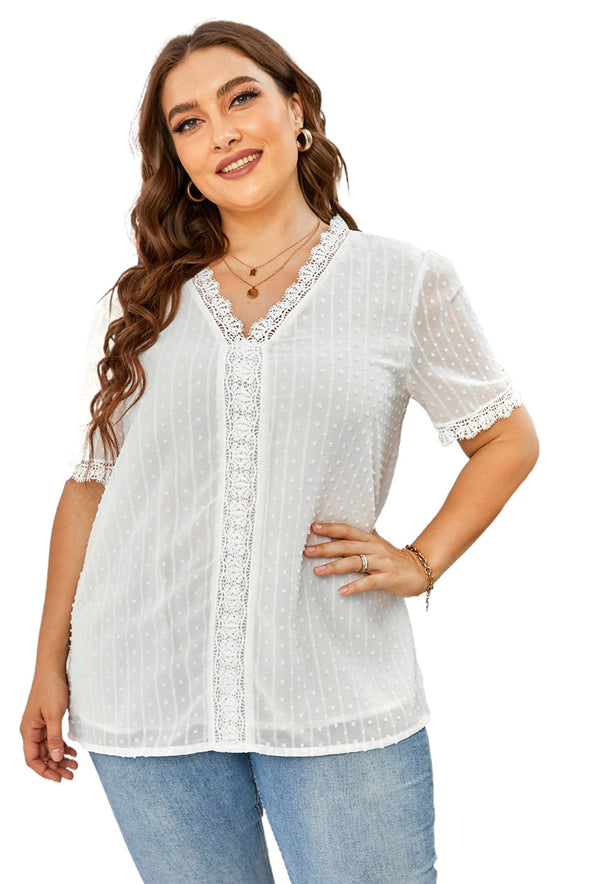 V Neck Lace Crochet Swiss Dot Short Sleeve Blouse