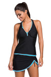 Contrast White Trim Black Halter Tankini Skort Swimsuit