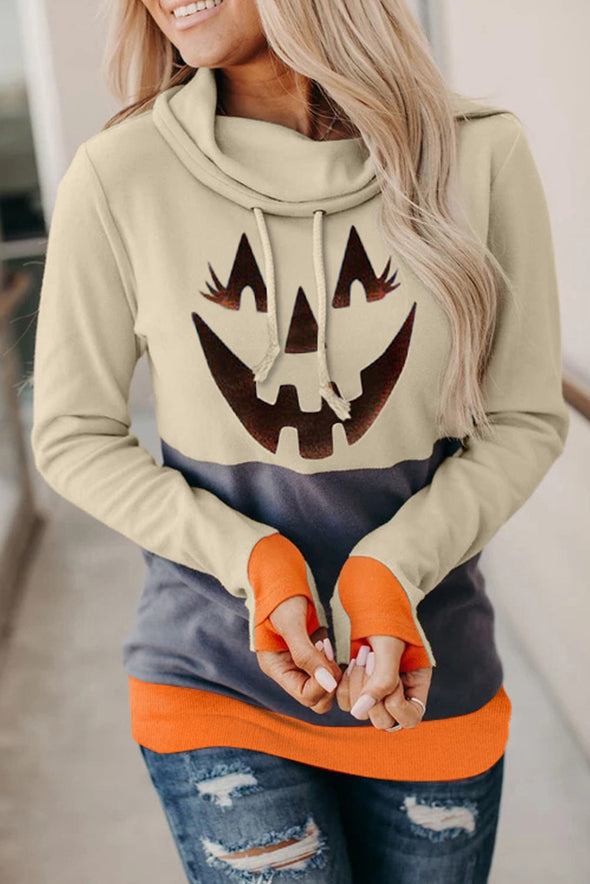 Cowl Neck Pumpkin Print Color Block Halloween Sweatshirt