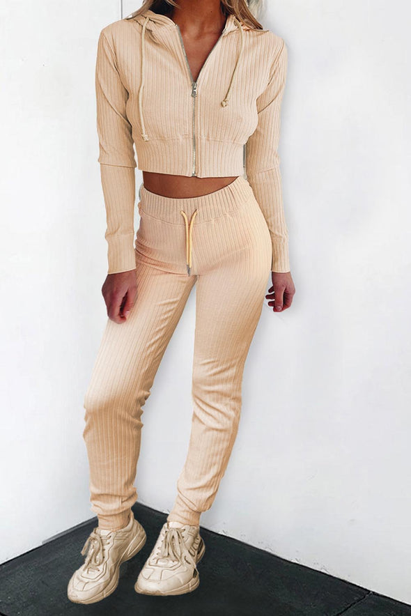 Ribbed Knit Cropped Hoodie and Jogger Two Piece Set
