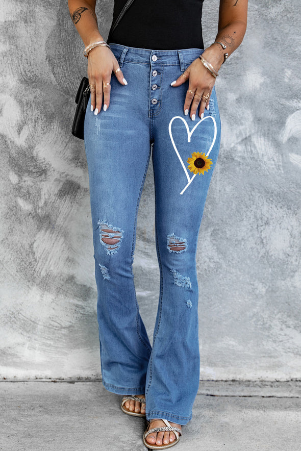Dark Blue Mid Rise Button Front Flare Denim
