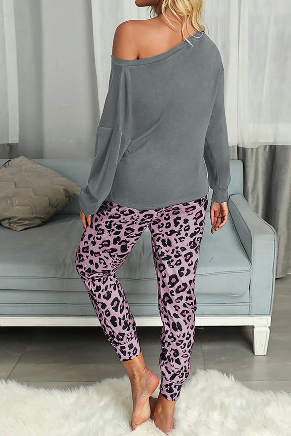 Casual Long Sleeve Leopard Pants Loungewear Set