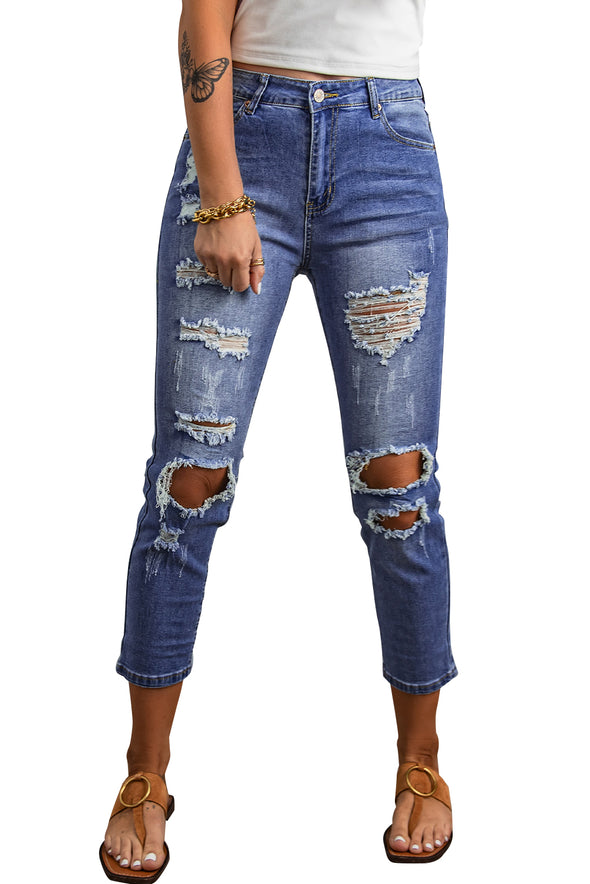 Fading Distressed Holes Crop Jeans