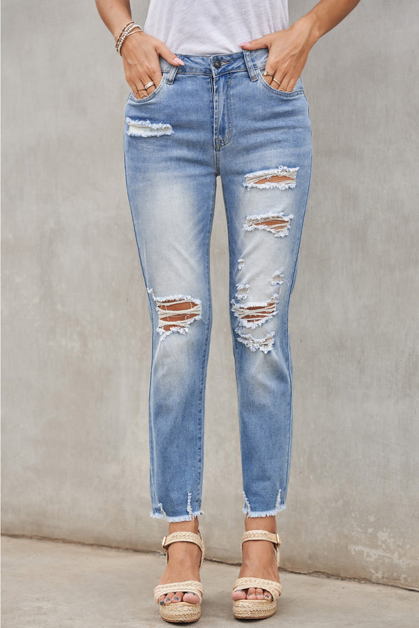 Light Blue Distressed Boyfriend Denim Pants