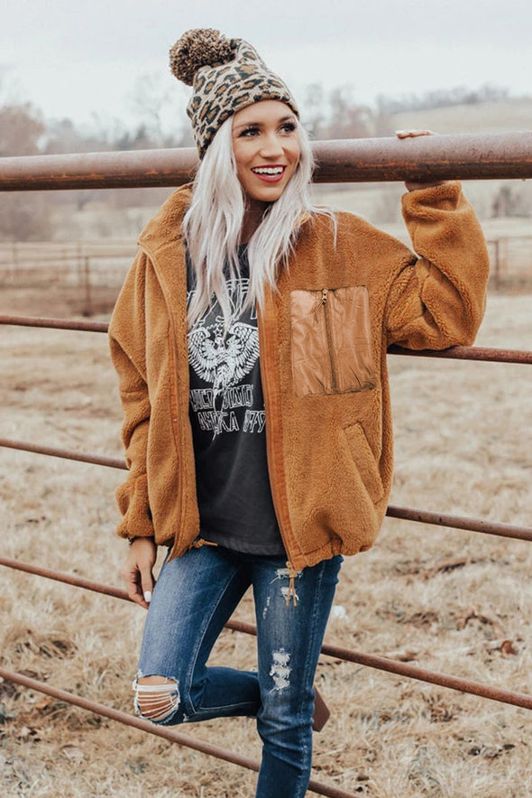 Zip Up Sherpa Coat with Pocket