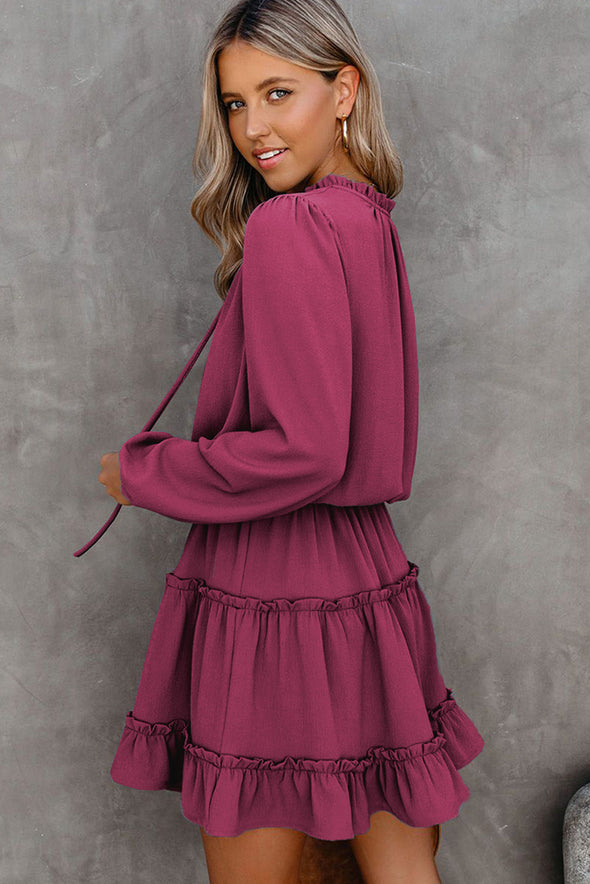 V Neck Long Sleeve Ruffle Tiered Mini Dress