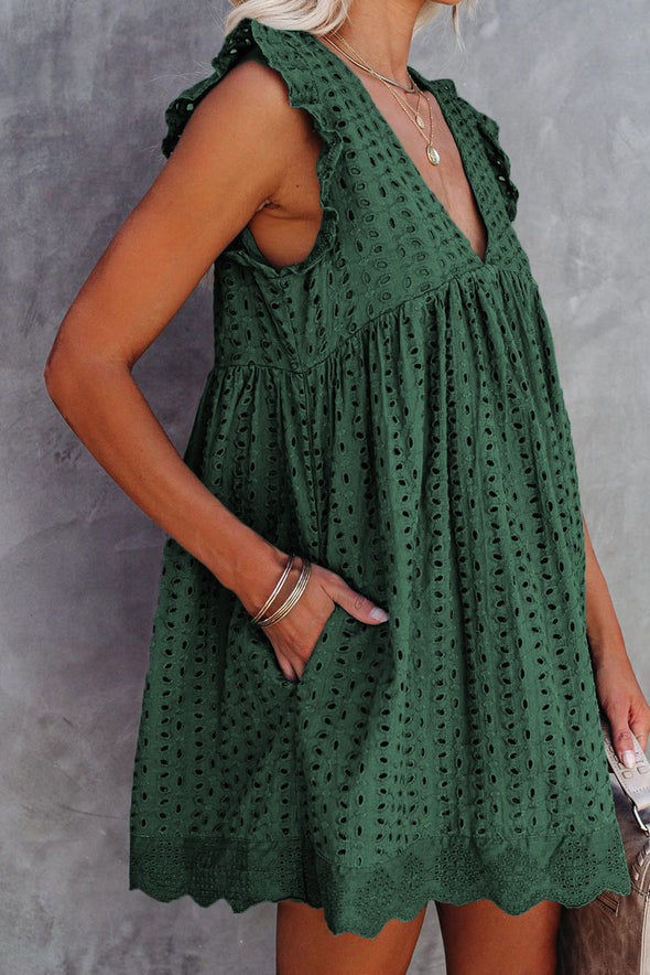 V Neck Ruffled Sleeves Perforating Babydoll Dress