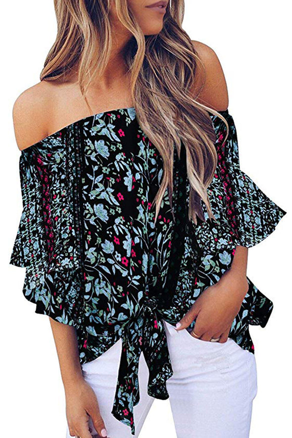 Off Shoulder Floral Tie Front High Low Chiffon Blouse