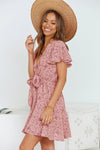 Floral Print Tie Knot Ruffled Short Sleeve Mini Dress