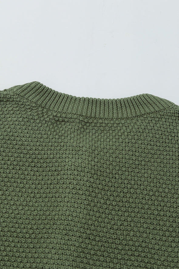 Henley Pullover Drop Shoulder Sweater with Slits