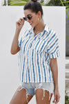 V Neck Stripes Roll up Sleeve Button Down Shirt