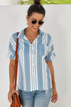 V Neck Stripes Roll up Sleeve Button Down Shirt