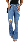 Dark Blue Mid Rise Button Front Flare Denim