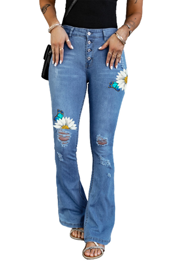 Dark Blue Mid Rise Button Front Flare Denim