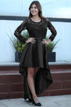 Long Sleeve Lace High Low Satin Prom Dress