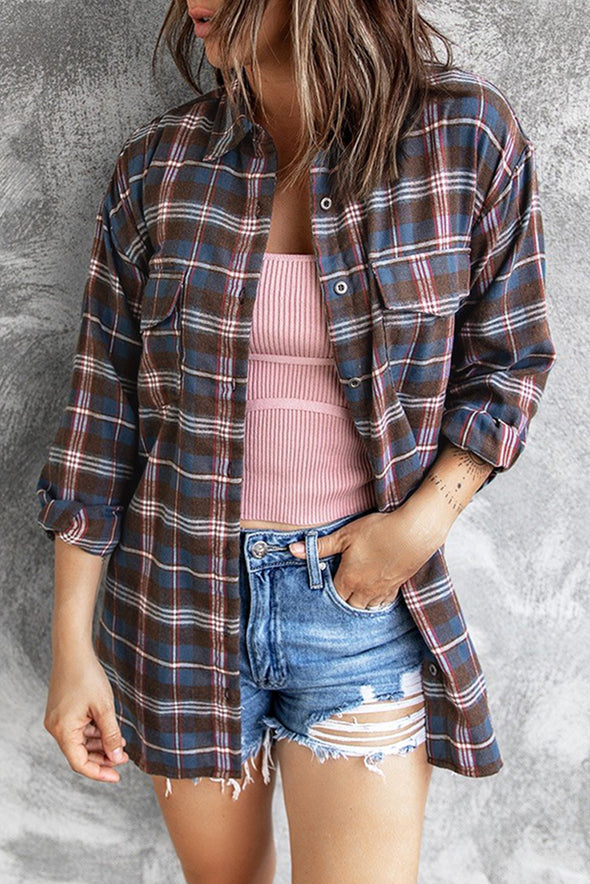 Pocket Buttons Long Sleeve Plaid Shirt