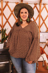 Wine Red V Neck Lantern Sleeve Swiss Dot Plus Size Blouse