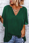 Split Neck Pleated Loose Blouse