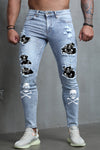 Men's Skull Print Patchwork Distressed Skinny High Waist Jeans