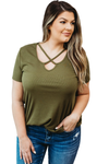 Army Green Plus Size Crisscross Ribbed Knit T-shirt