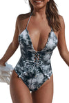 Tie Dye Lace Up Front Plunging V One Piece Swimsuit
