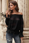 Off Shoulder Ruffle Long Sleeve Smocked Waist Lace Crochet Blouse