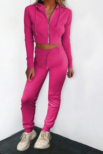 Ribbed Knit Cropped Hoodie and Jogger Two Piece Set