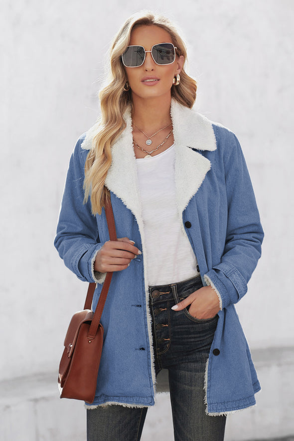 Khaki Lapel Collar Button Fleece Jacket