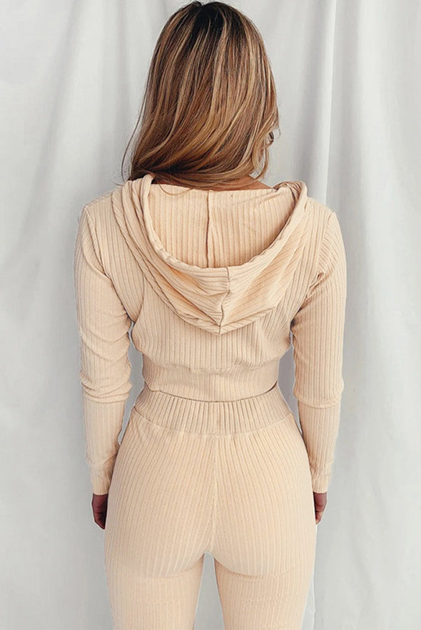 Ribbed Knit Cropped Hoodie and Jogger Two Piece Set