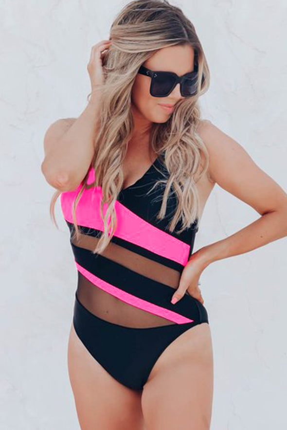 Colorblock Mesh Backless One-piece Swimwear