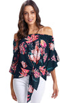 Off Shoulder Floral Tie Front High Low Chiffon Blouse