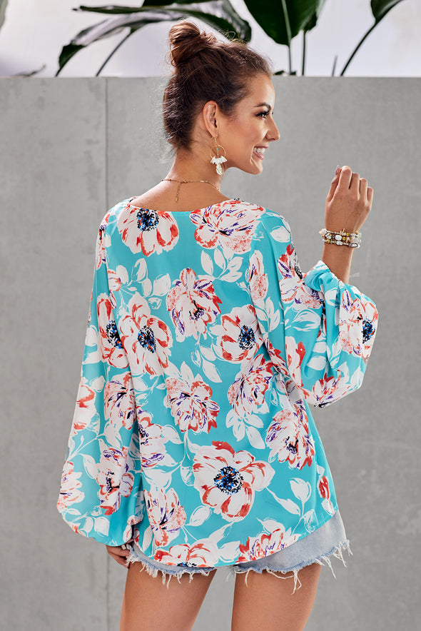 Multicolor Boho Print Balloon Sleeve Blouse