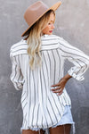 /Blue Striped V Neck Pocket Long Sleeve Top