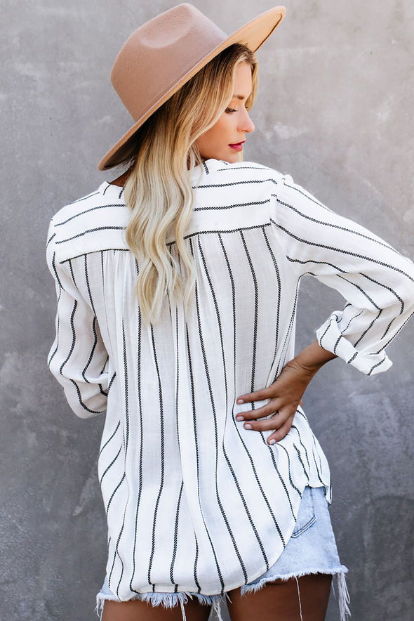 /Blue Striped V Neck Pocket Long Sleeve Top