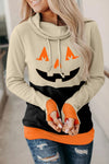 Cowl Neck Pumpkin Print Color Block Halloween Sweatshirt