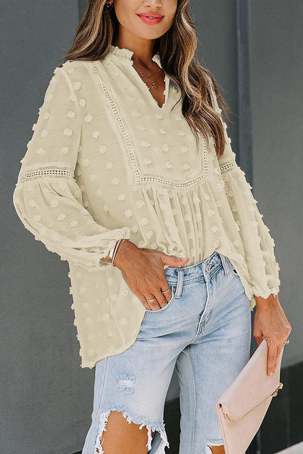 Swiss Dot Split Neck Ruffle Babydoll Blouse