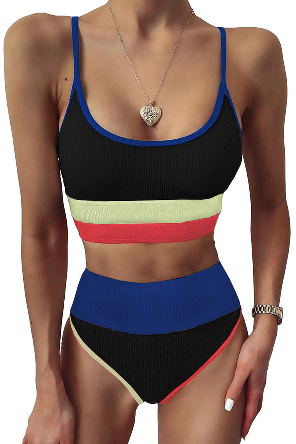 Spaghetti Straps Colorblock Ribbed High Waisted Swimsuit