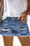 Plaid Patchwork Rolled Hem Denim Shorts