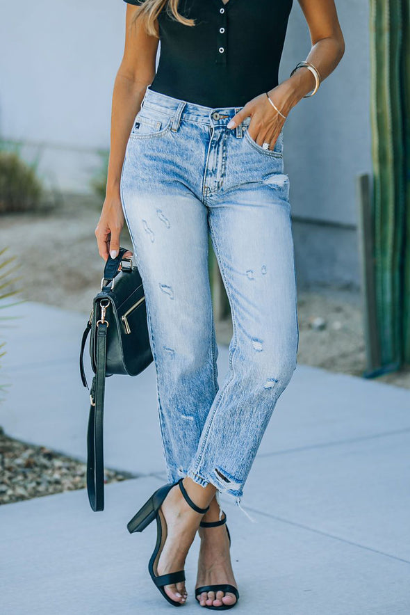 Medium Wash High Rise Straight Leg Jeans