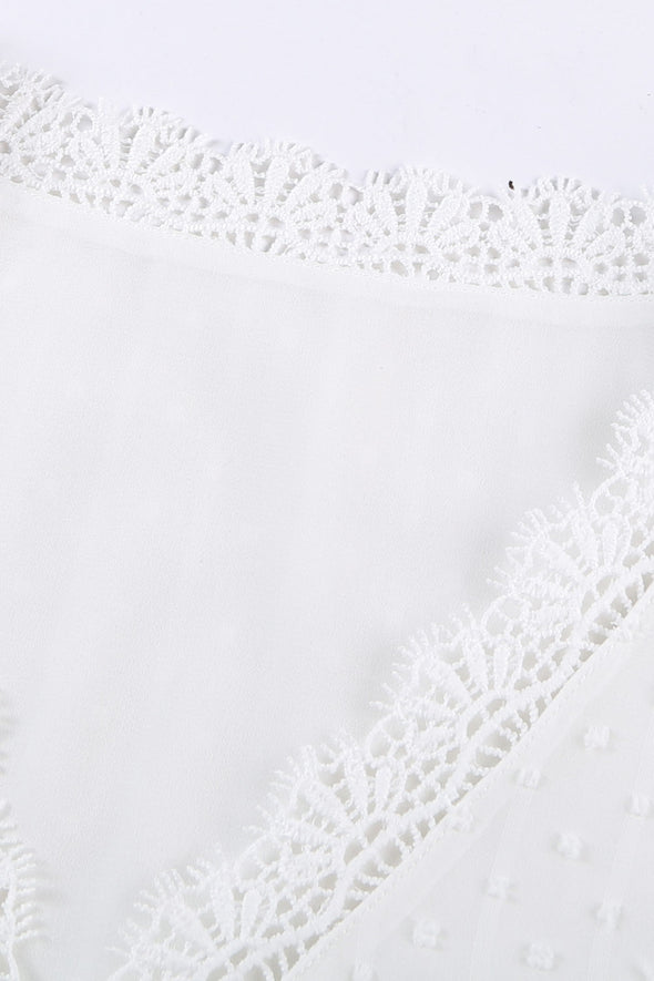 V Neck Lace Crochet Swiss Dot Short Sleeve Blouse