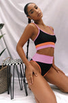 Spaghetti Straps Colorblock Ribbed High Waisted Swimsuit