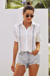 V Neck Stripes Roll up Sleeve Button Down Shirt